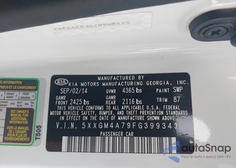 2015 Kia Optima Lx from USA, damaged, VIN 5XXGM4A79FG399343